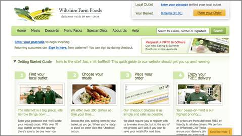 The Wiltshire Farm Foods website has a simple “Scroll for More” label fixed to the bottom of the browser window The Wiltshire Farm Foods website has a simple “Scroll for More” label fixed to the bottom of the browser window